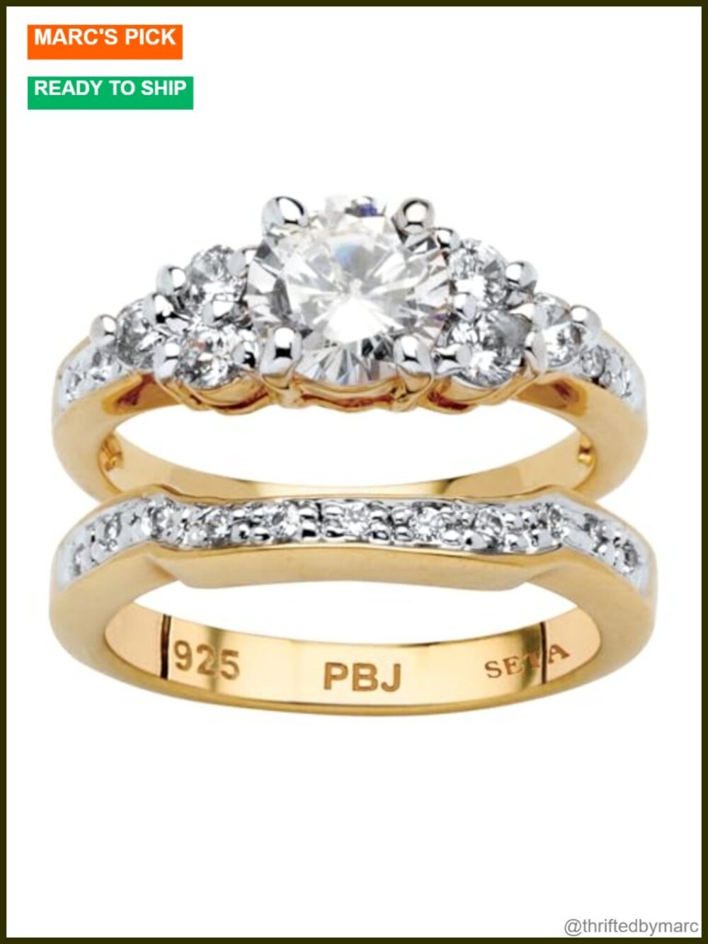 18K Yellow Gold Plated Round Cubic Zirconia Bridal Ring Set Size 9